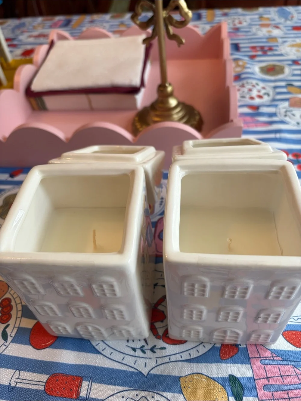 Two White Ceramic House Caramel Apple and Spice Lidded Candles